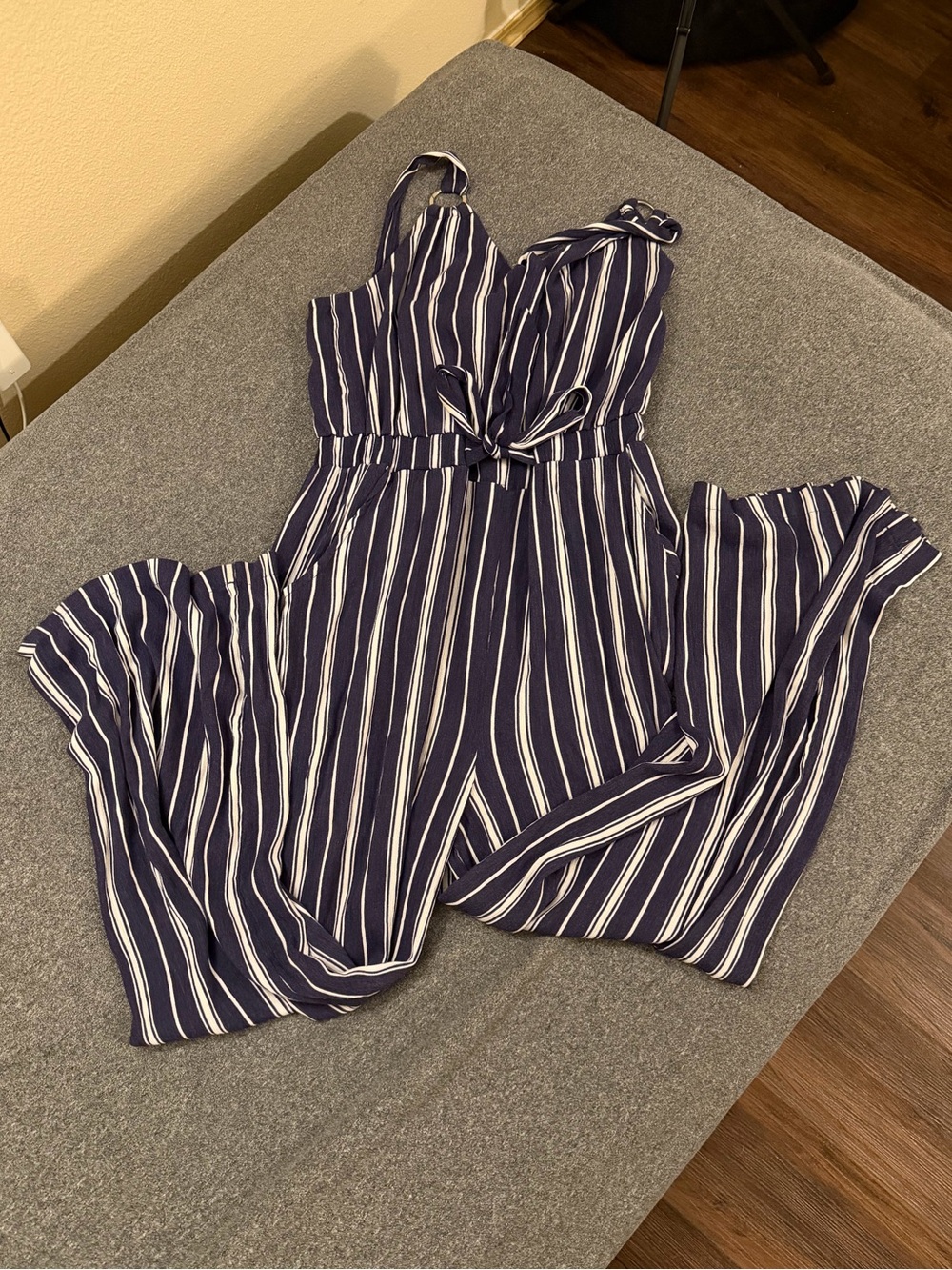 No Boundaries Navy and White Striped Wide-Leg Jumpsuit